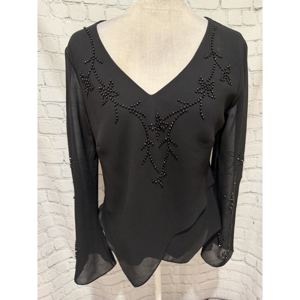 Vintage sheer long sleeves and intricate beadwork V-neck Caliendo JR Nights 10